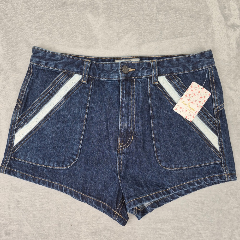 NWT Free People 30 (32) Eyelet Lace Trim High Rise Denim Shorts Dark Wash 2 1/2"